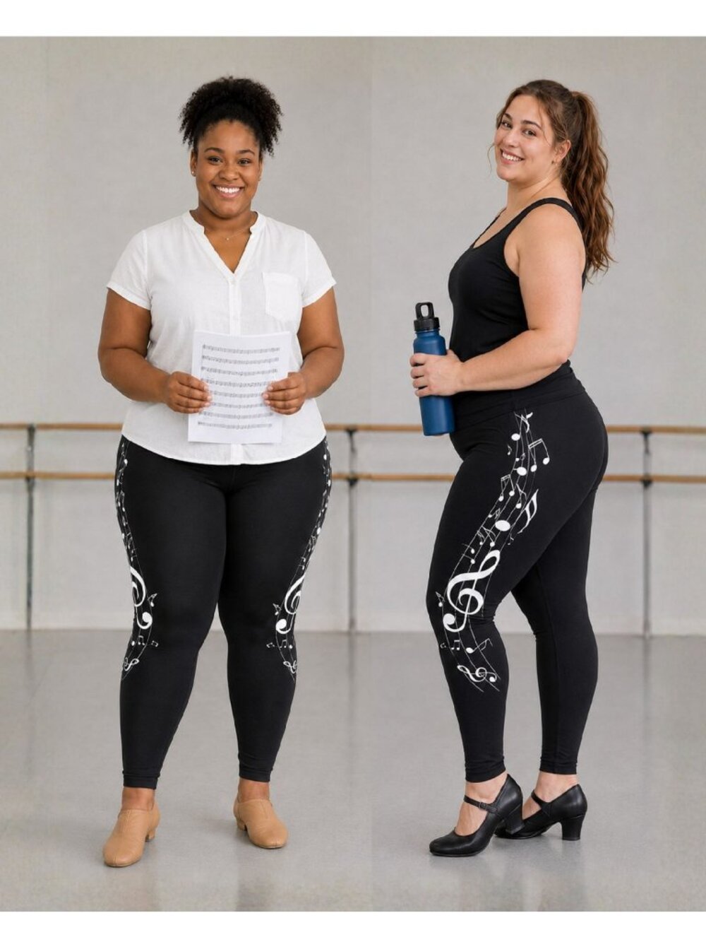 Music Note Leggings Womens 2XL Black White Treble Clef Side Print Stretch